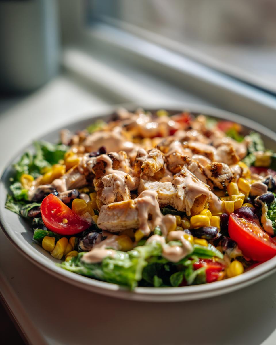 Close-up of a vibrant southwest chicken salad topped with grilled chicken, corn, black beans, tomatoes, and a creamy dressing.