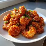A close-up of crispy, saucy bang bang shrimp piled on a white plate, garnished with sesame seeds and green onions.