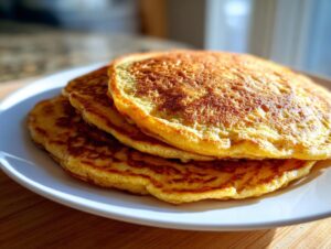 A stack of three perfectly golden brown almond flour pancakes on a white plate.