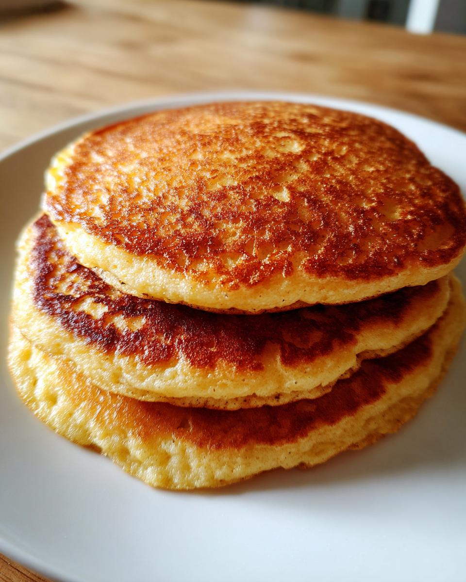 A close-up stack of three golden brown almond flour pancakes resting on a white plate.