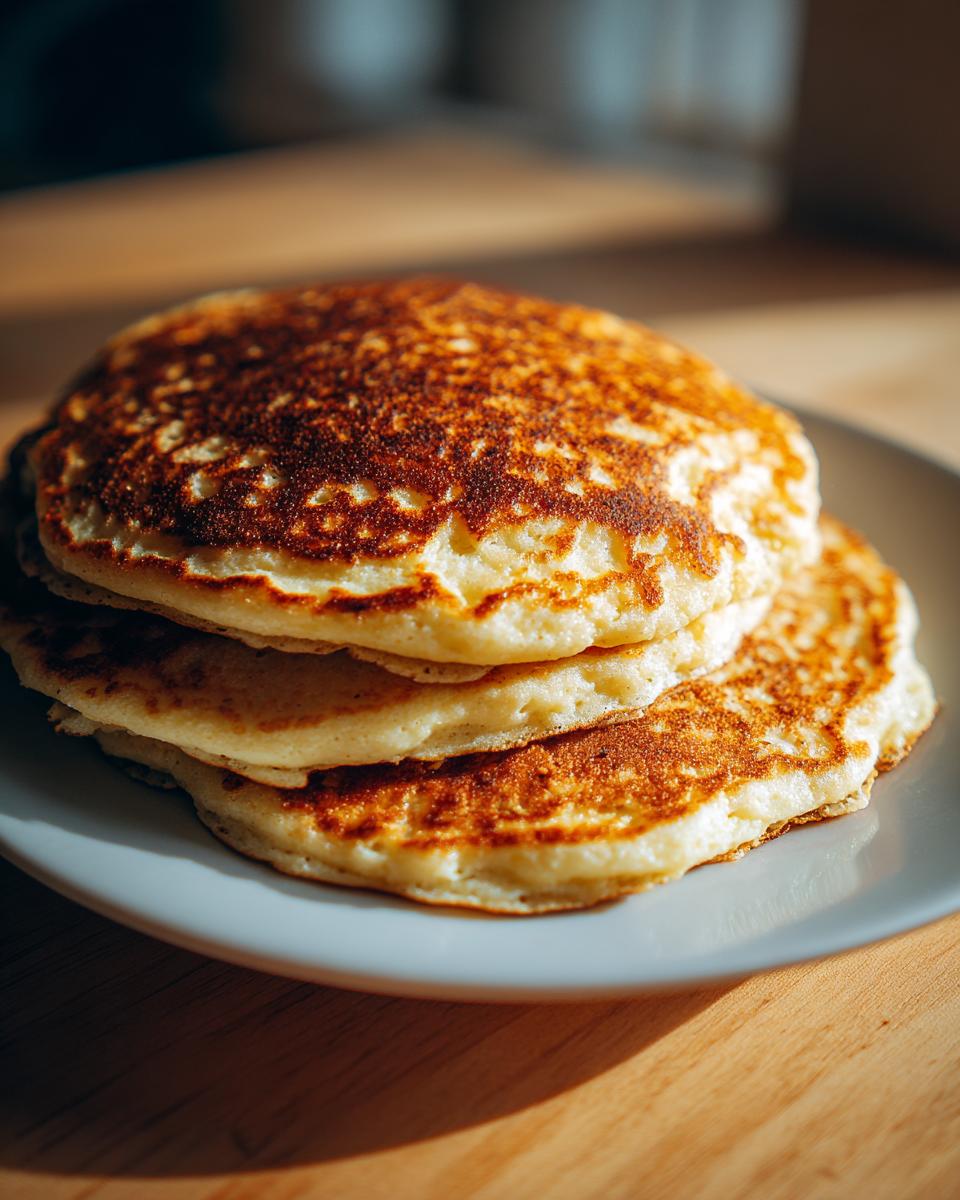 A stack of three perfectly cooked almond flour pancakes with golden brown, slightly crispy edges, served on a light gray plate.