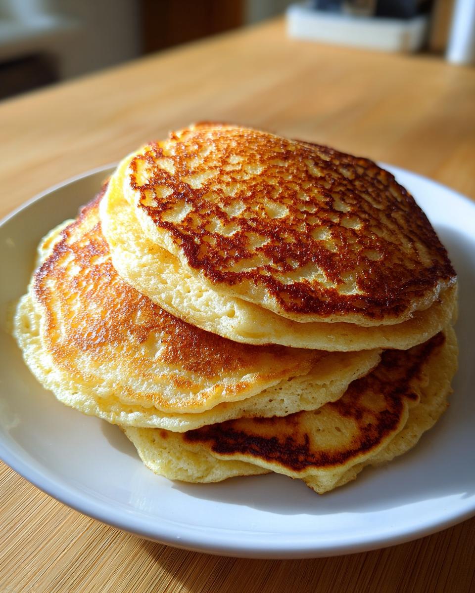 A stack of three golden-brown almond flour pancakes with beautiful lacy browning on a white plate.