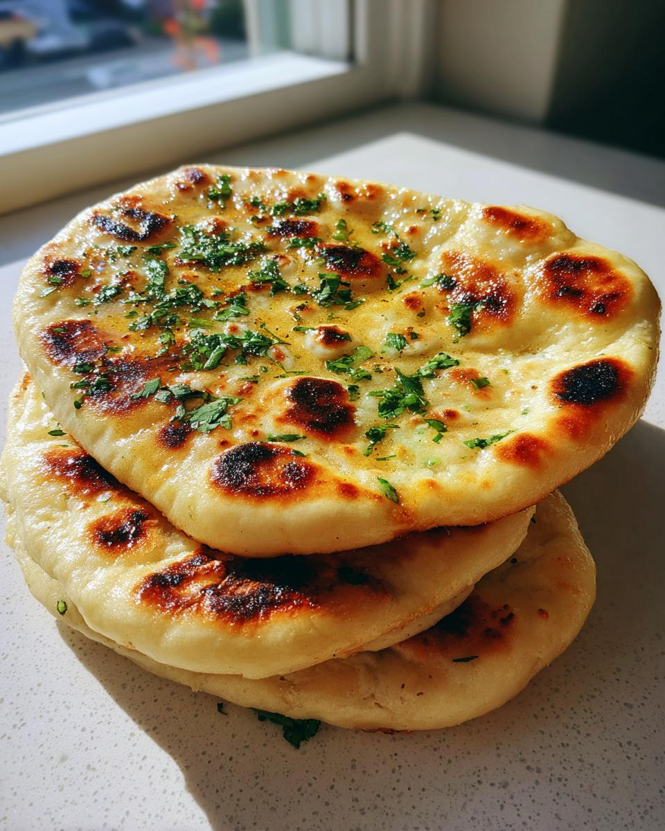 A stack of three fluffy, golden-brown naan bread pieces brushed with melted butter and topped with fresh green parsley.