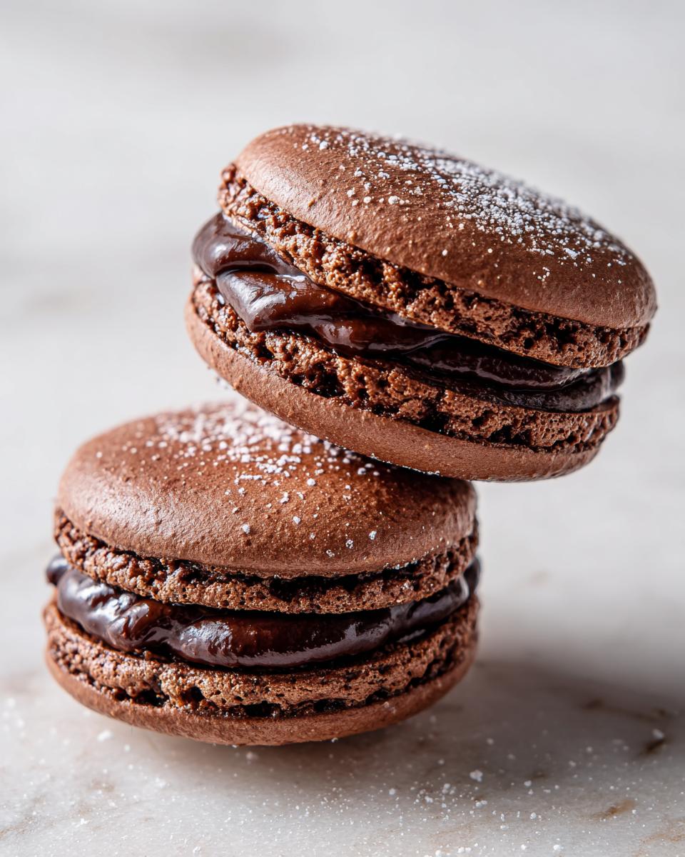 Close-up of two stacked, rich brown chocolate macarons filled with ganache and dusted with powdered sugar.