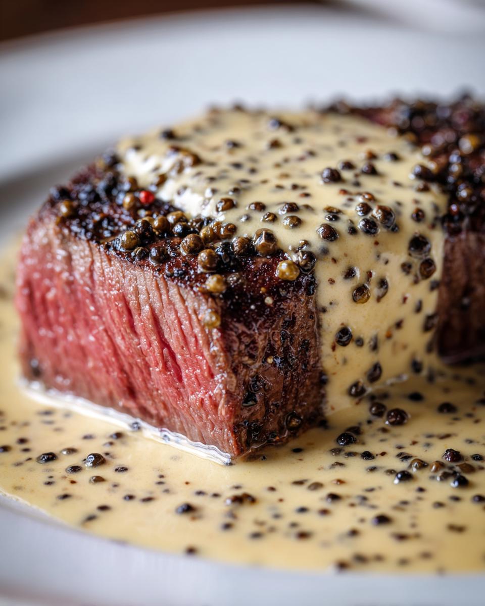 Close-up of a medium-rare steak generously topped with rich peppercorn sauce and whole peppercorns.