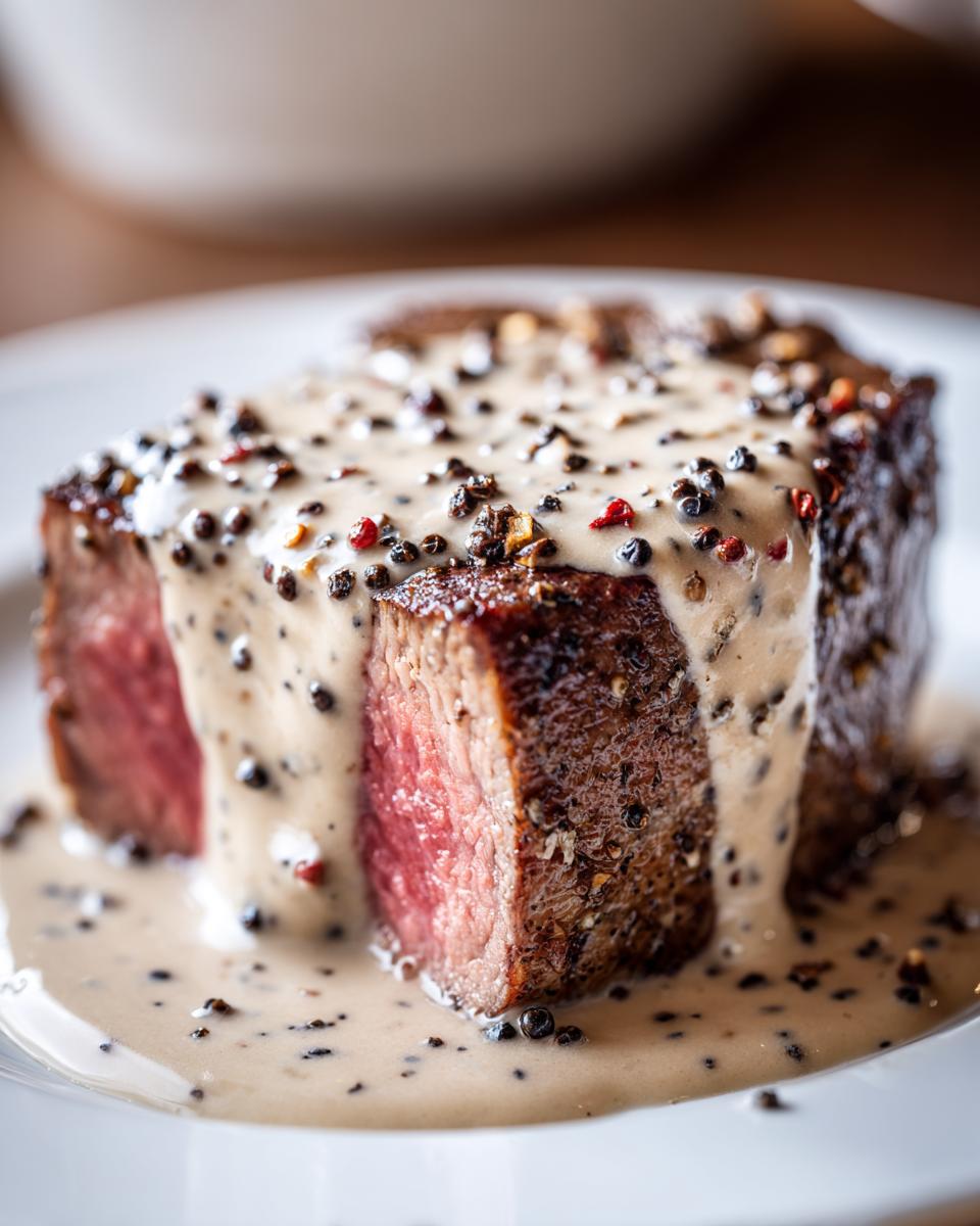 Close-up of a medium-rare steak generously covered in creamy peppercorn sauce loaded with whole peppercorns.