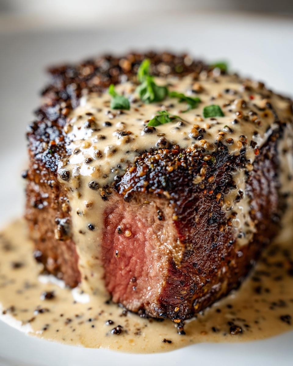 Close-up of a medium-rare steak heavily crusted with peppercorns, generously topped with creamy peppercorn sauce.