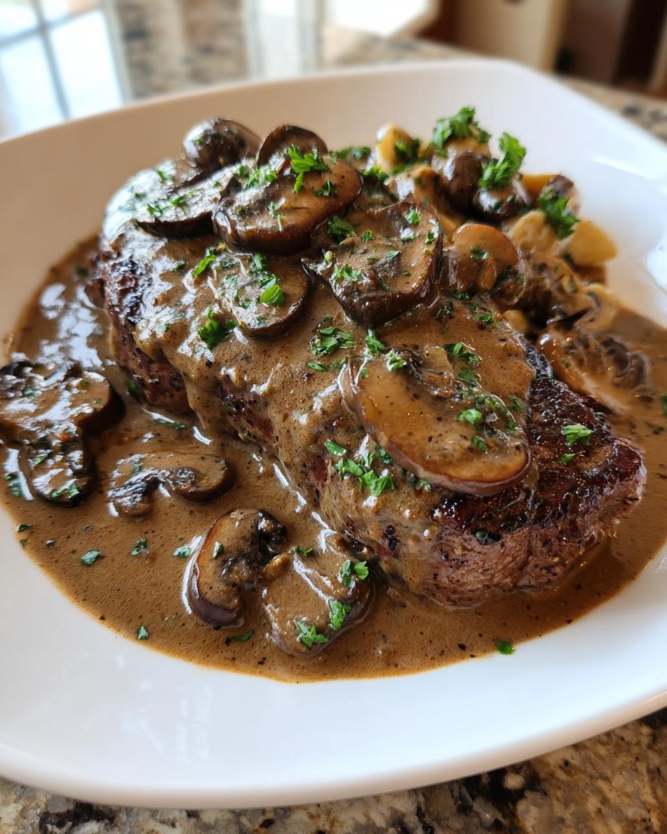 A perfectly cooked steak smothered in a creamy, rich mushroom sauce and topped with sliced mushrooms.