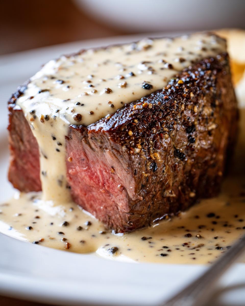 Close-up of a medium-rare steak generously topped with creamy peppercorn sauce.