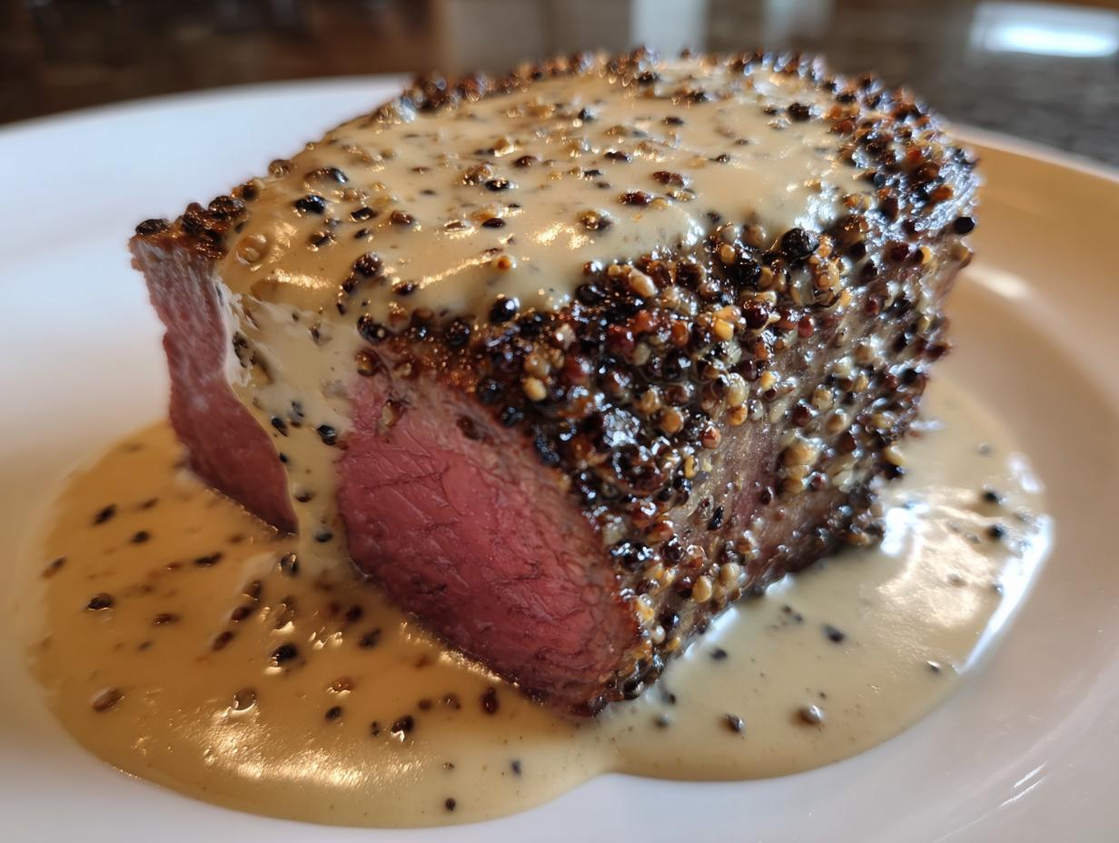 A perfectly cooked medium-rare steak crusted with peppercorns and generously topped with creamy peppercorn sauce.