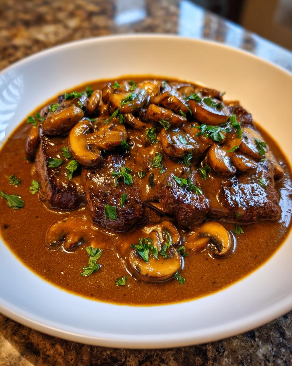 A piece of steak generously covered in a rich, brown mushroom sauce and sliced mushrooms, garnished with parsley.