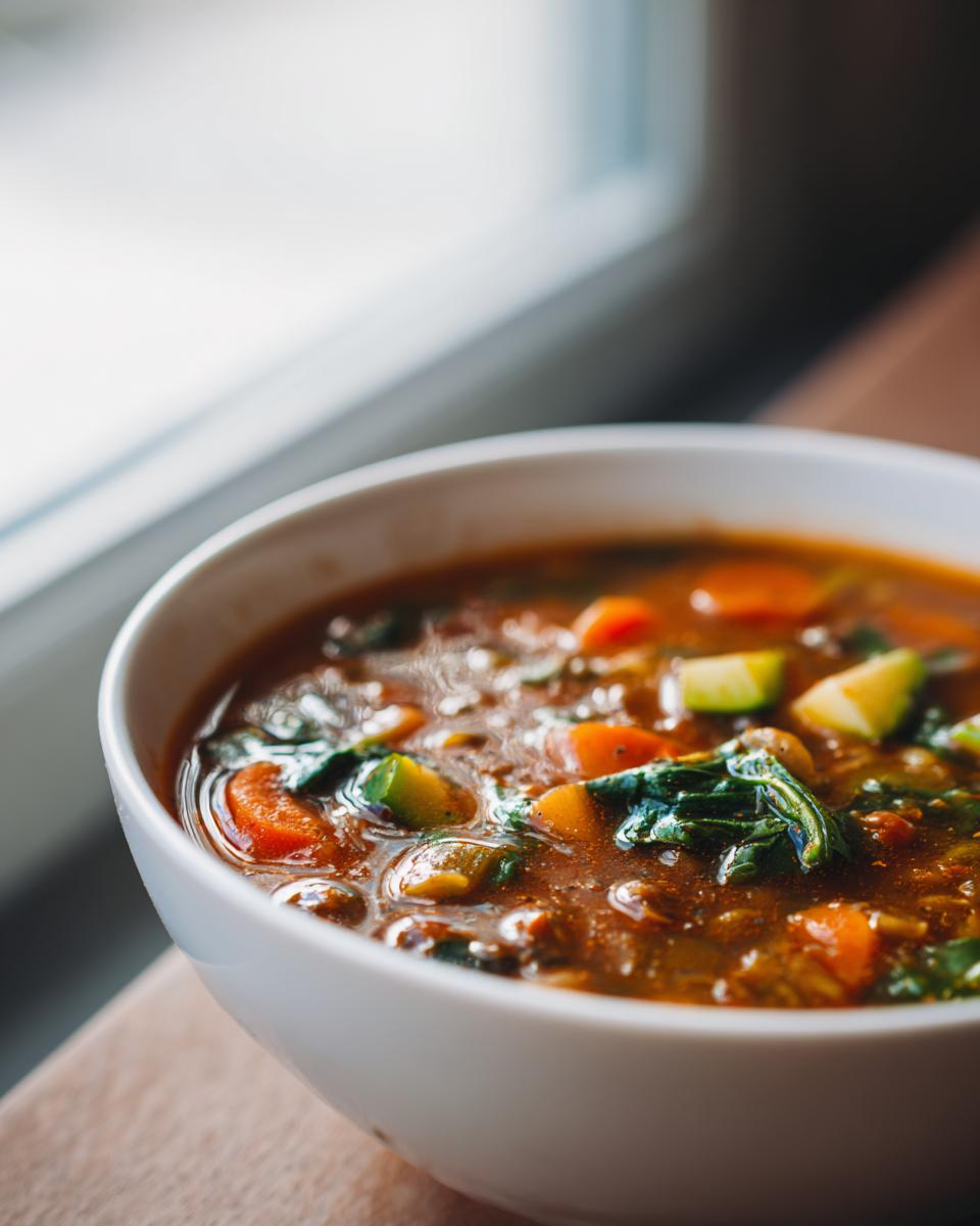 Close-up of a steaming white bowl filled with rich, vegetable-loaded minestrone soup, featuring carrots and greens.