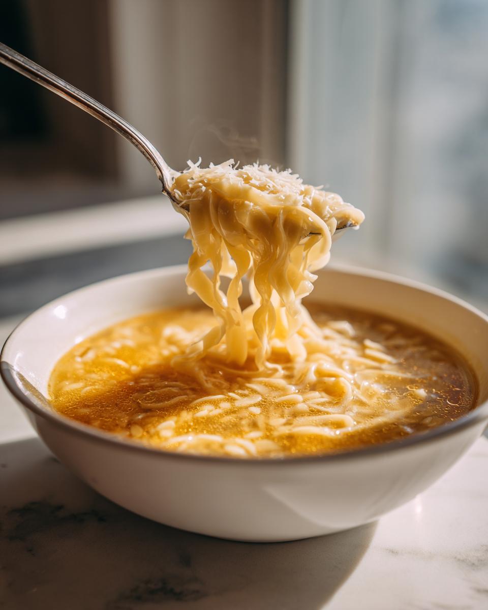 A spoonful of hot pastina soup noodles topped with grated cheese being lifted from a white bowl.