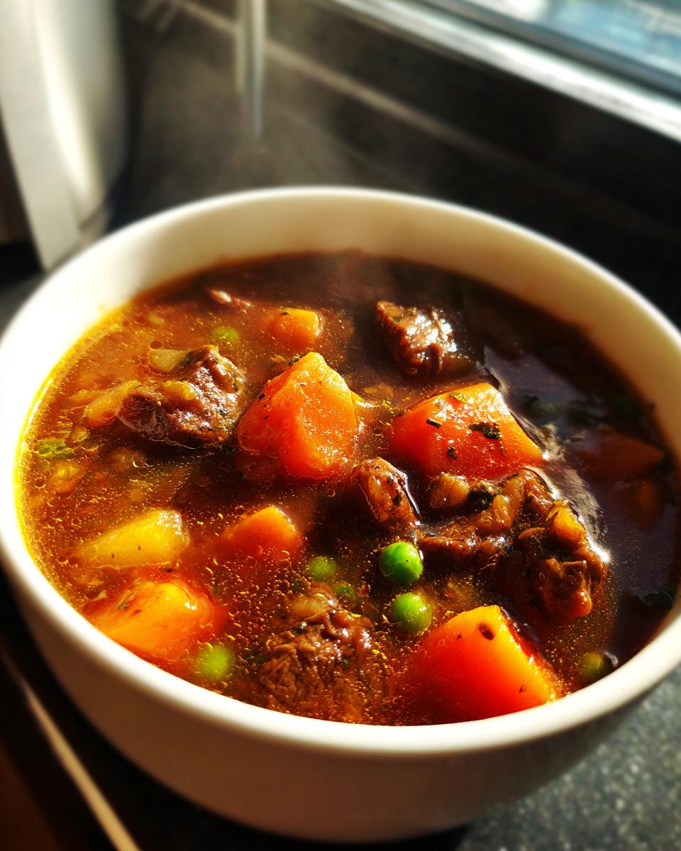 Close-up of a steaming white bowl filled with rich, dark broth vegetable beef soup containing chunks of beef, carrots, and peas.
