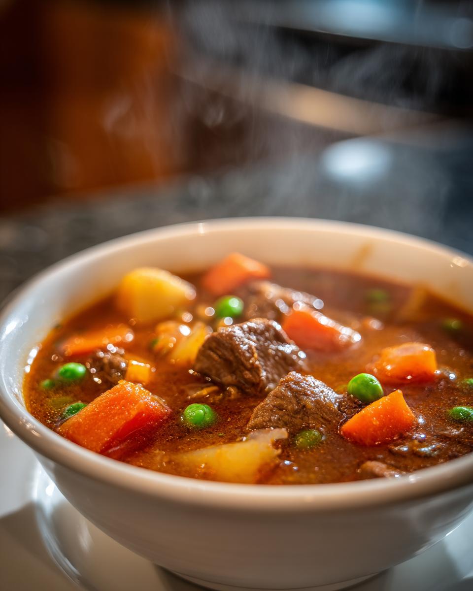 Close-up of a steaming white bowl filled with rich vegetable beef soup, showing chunks of beef, carrots, potatoes, and peas.