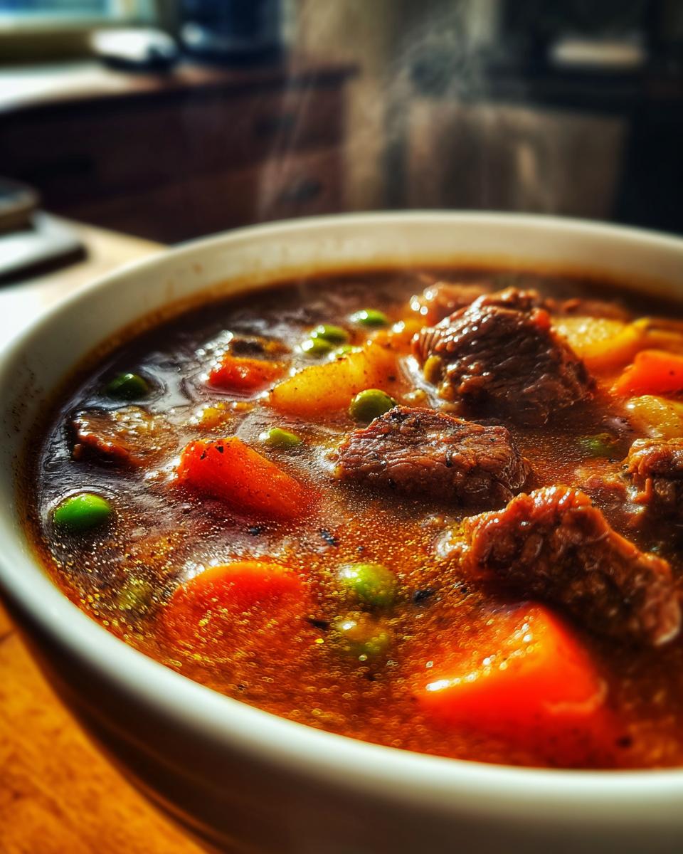 Close-up of a steaming white bowl filled with rich vegetable beef soup, showing chunks of beef, carrots, and peas.