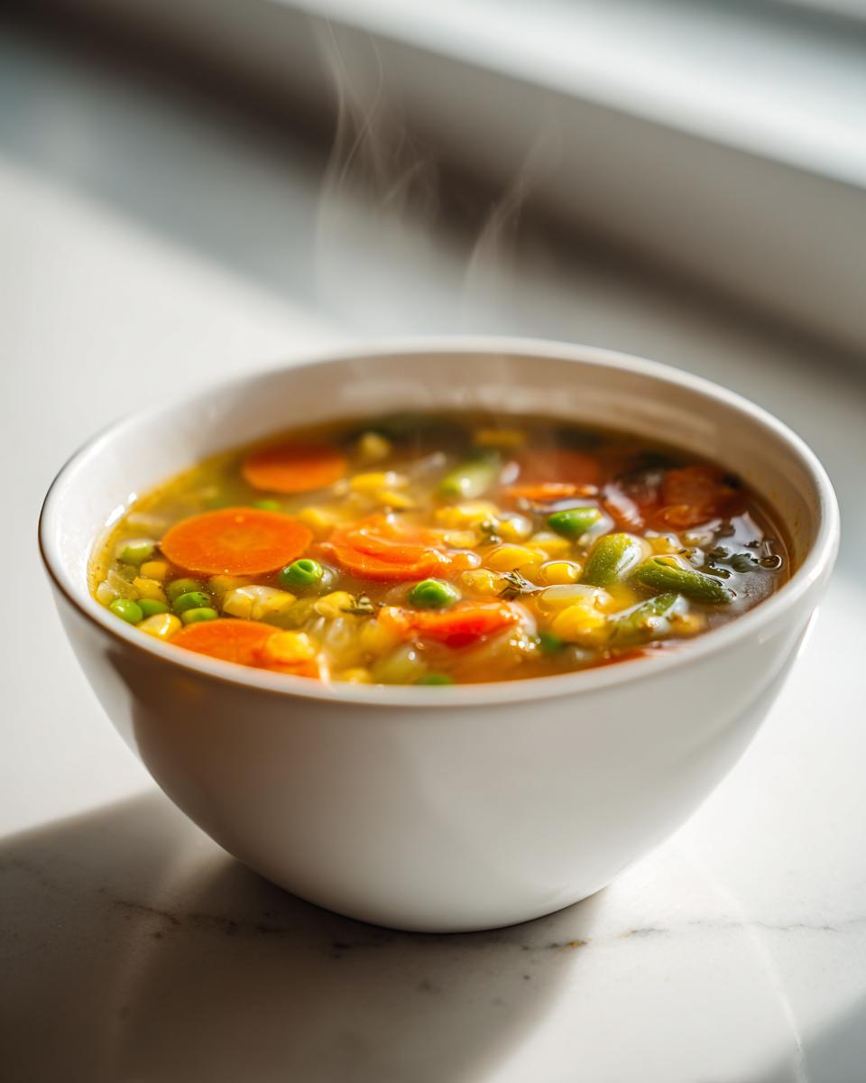 A steaming white bowl filled with vibrant vegetable soup featuring carrots, peas, and corn.