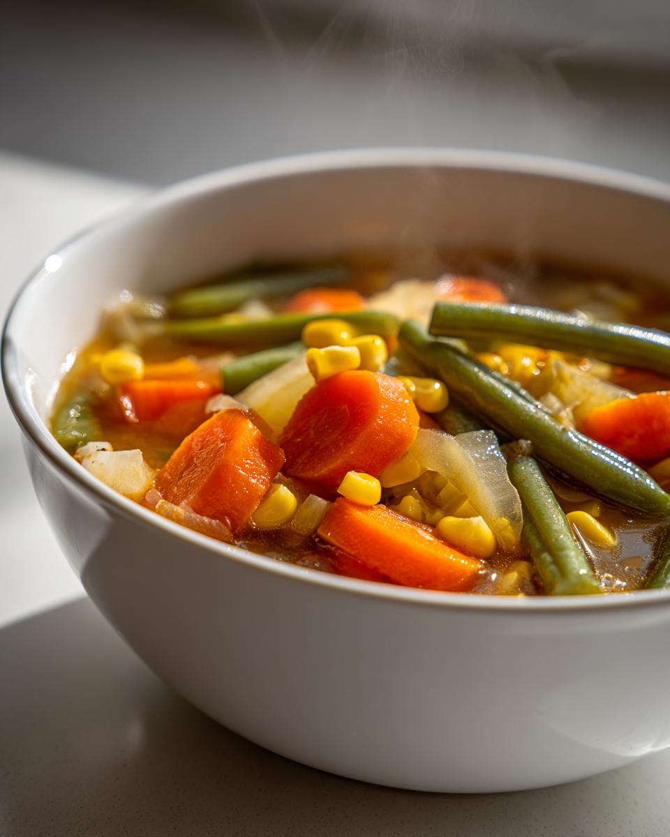 Close-up of a steaming white bowl filled with colorful vegetable soup featuring carrots, corn, and green beans.
