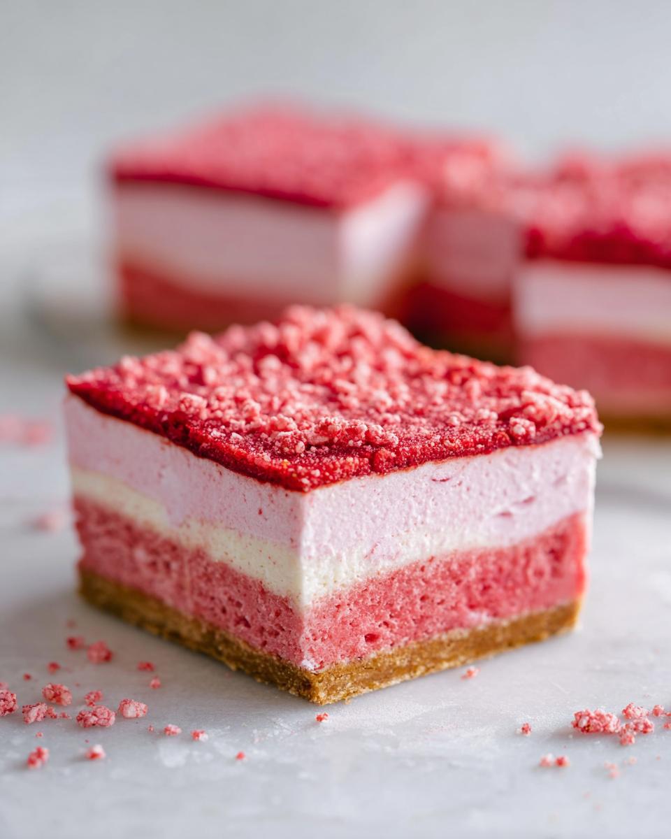 A square slice of strawberry crunch cheesecake showing distinct layers: graham crust, pink strawberry layer, white layer, pink mousse, and crunchy strawberry topping.