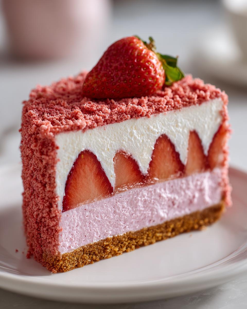 A perfect slice of strawberry crunch cheesecake featuring layers of crust, pink mousse, cream, and fresh strawberries.