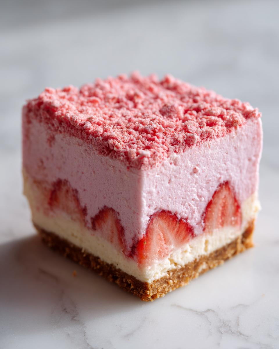 A perfect square slice of strawberry crunch cheesecake showing layers of graham cracker crust, cream cheese, and strawberry mousse with visible strawberry slices.