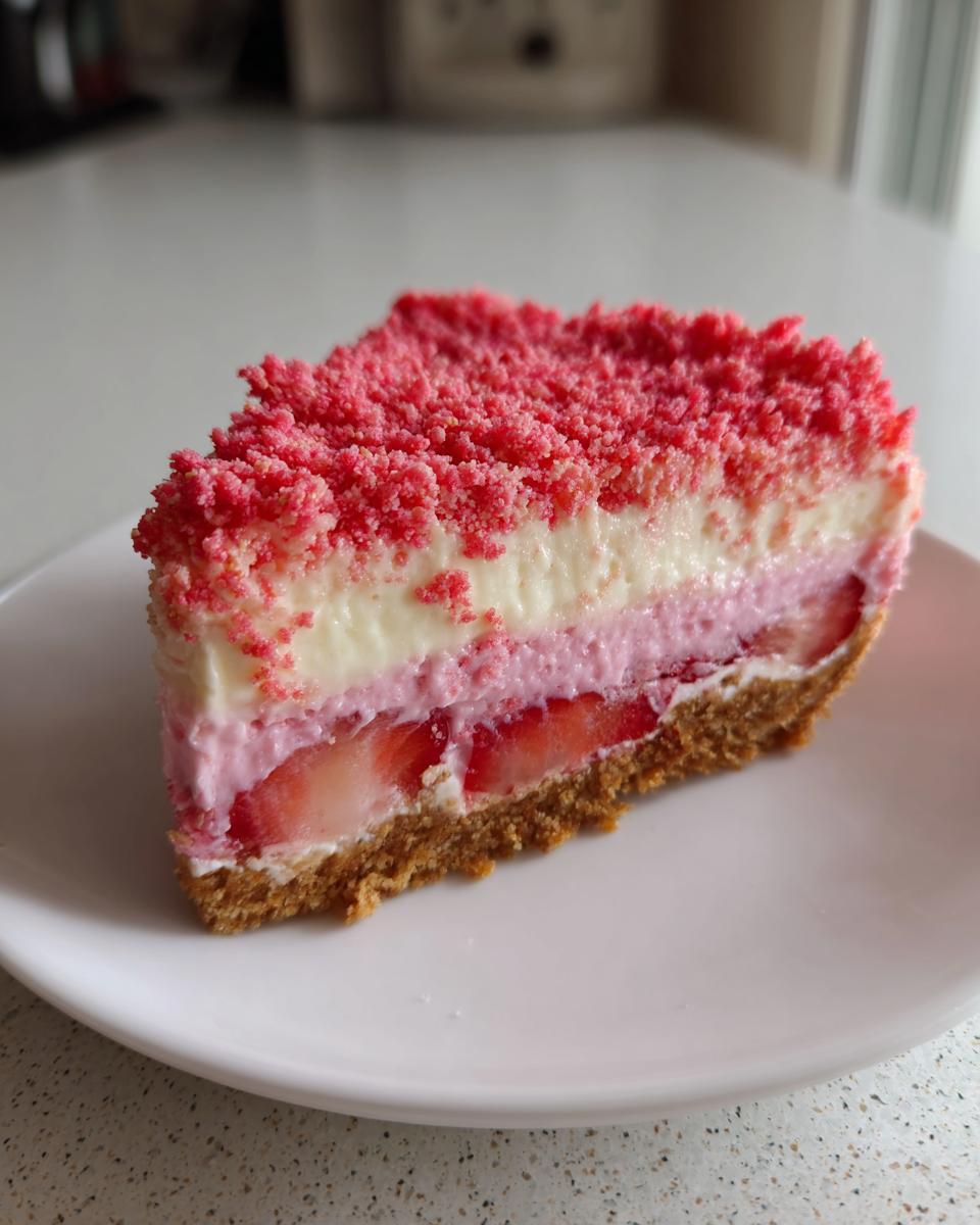 A perfect slice of strawberry crunch cheesecake showing graham crust, fresh strawberries, creamy layers, and bright pink crunch topping.