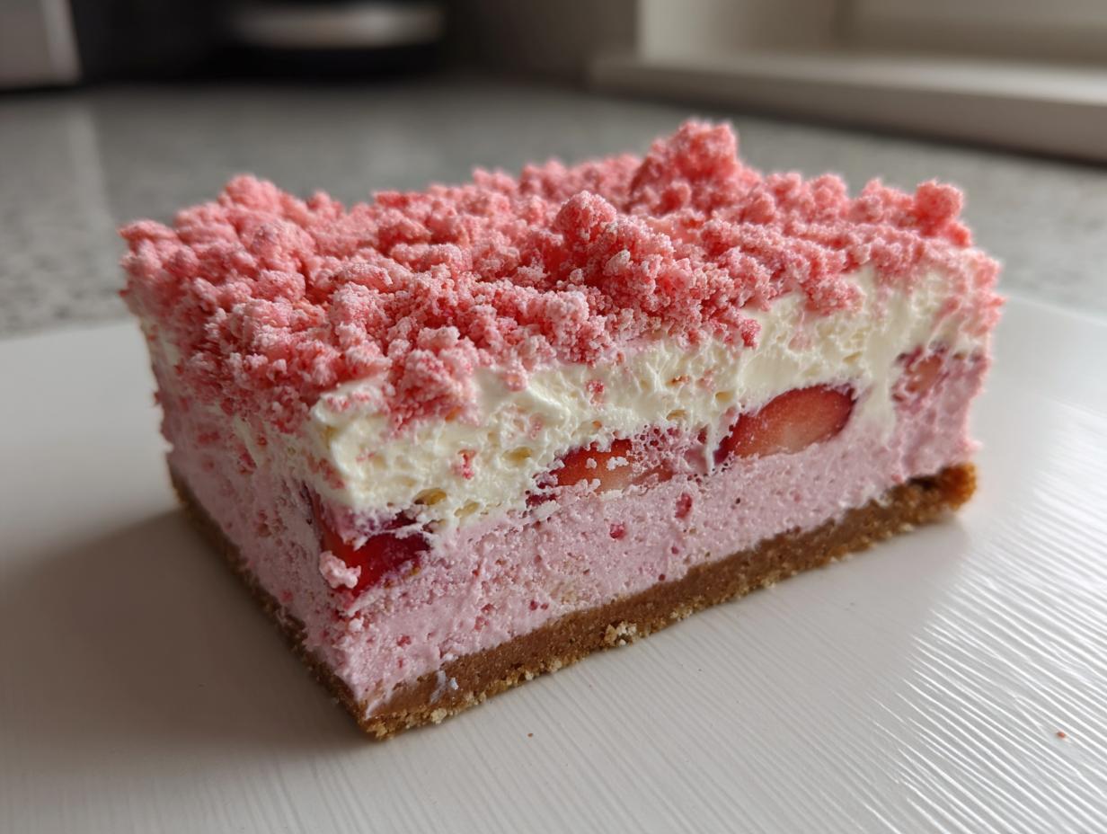 A close-up of a layered slice of strawberry crunch cheesecake featuring a graham cracker crust, pink filling, cream layer, and pink crumble topping.