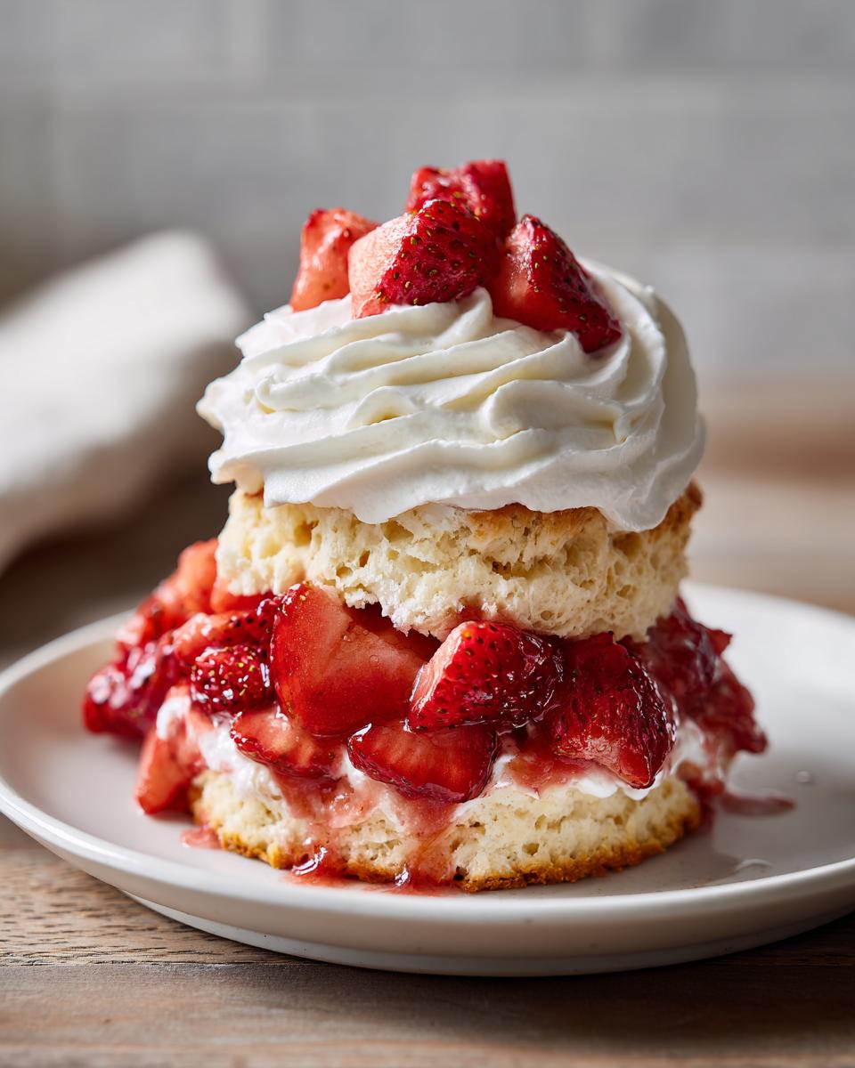 A delicious, tall strawberry shortcake layered with biscuit, macerated strawberries, and whipped cream.