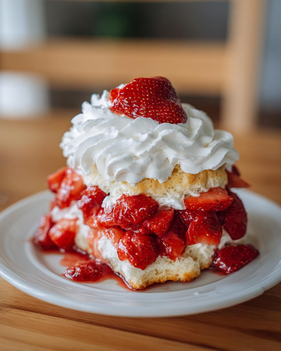 A tall, layered strawberry shortcake featuring biscuit layers, macerated strawberries, and topped with whipped cream.
