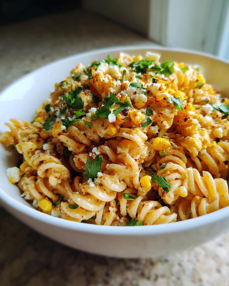 Close-up of a creamy street corn pasta salad with rotini pasta, corn kernels, cotija cheese, and parsley.