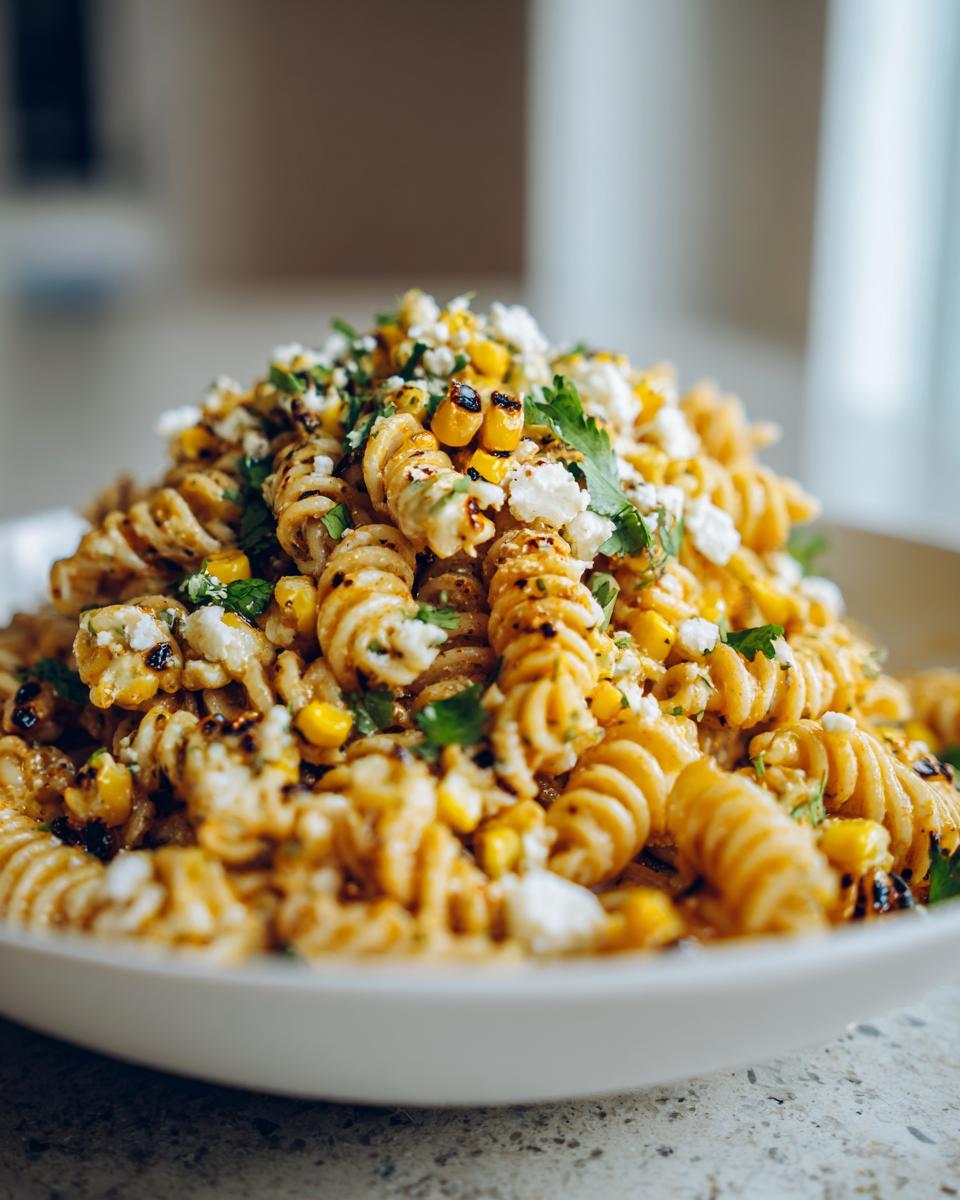 Close-up of a heaping bowl of street corn pasta salad featuring rotini pasta, charred corn, and crumbled white cheese.