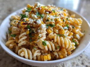 A close-up of creamy street corn pasta salad featuring rotini pasta, charred corn, and crumbled white cheese.