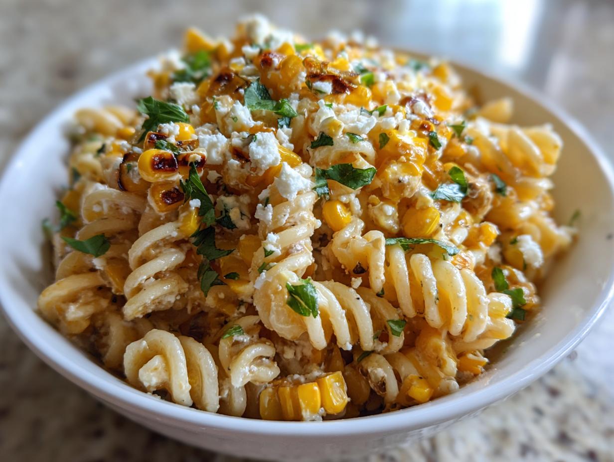 A close-up of creamy street corn pasta salad featuring rotini pasta, charred corn, and crumbled white cheese.