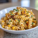Close-up of creamy street corn pasta salad made with fusilli pasta, charred corn kernels, and crumbled white cheese.