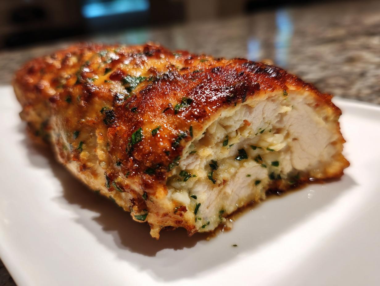 A close-up of a cooked, stuffed caesar chicken breast cut in half, showing the moist interior and browned, herbed exterior.