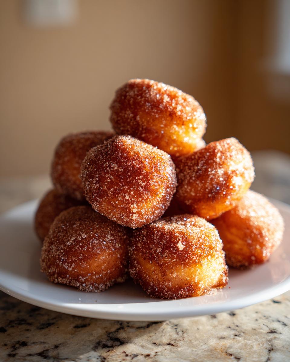 A tempting stack of golden brown, sugar-coated mini donuts piled high on a white plate.