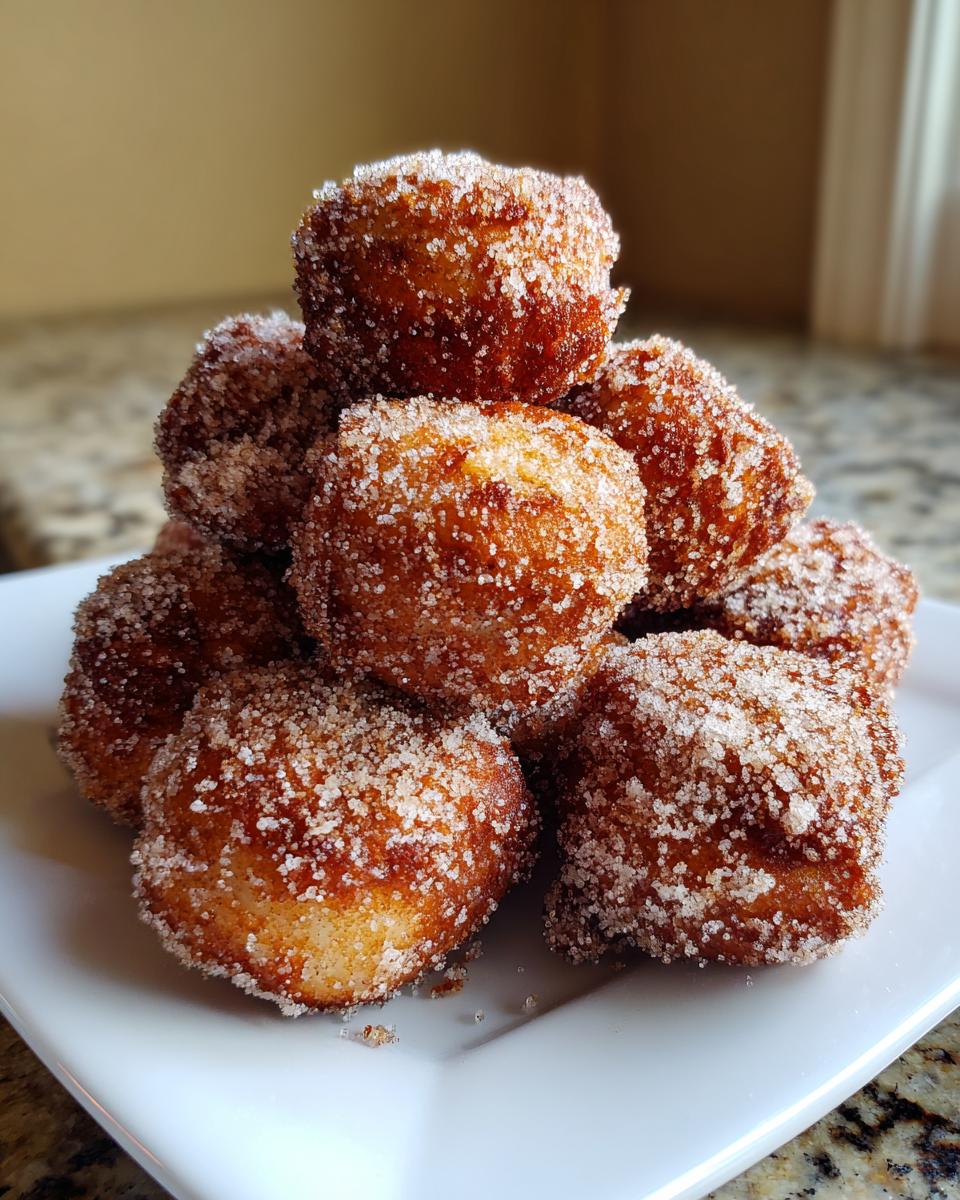 A pyramid stack of freshly fried, golden brown mini donuts generously coated in sparkling sugar.