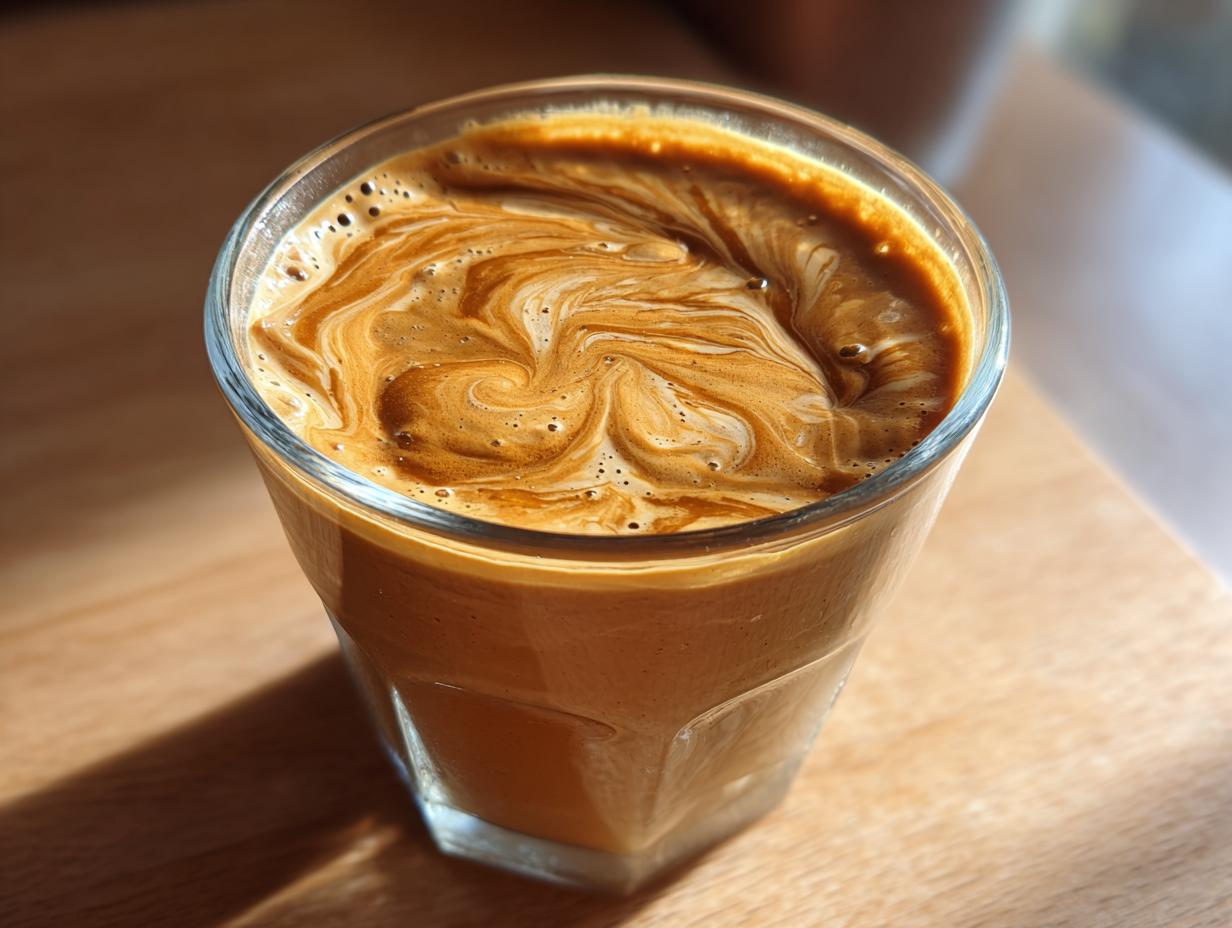 Close-up of the creamy, swirled top of a peanut butter banana smoothie in a glass.