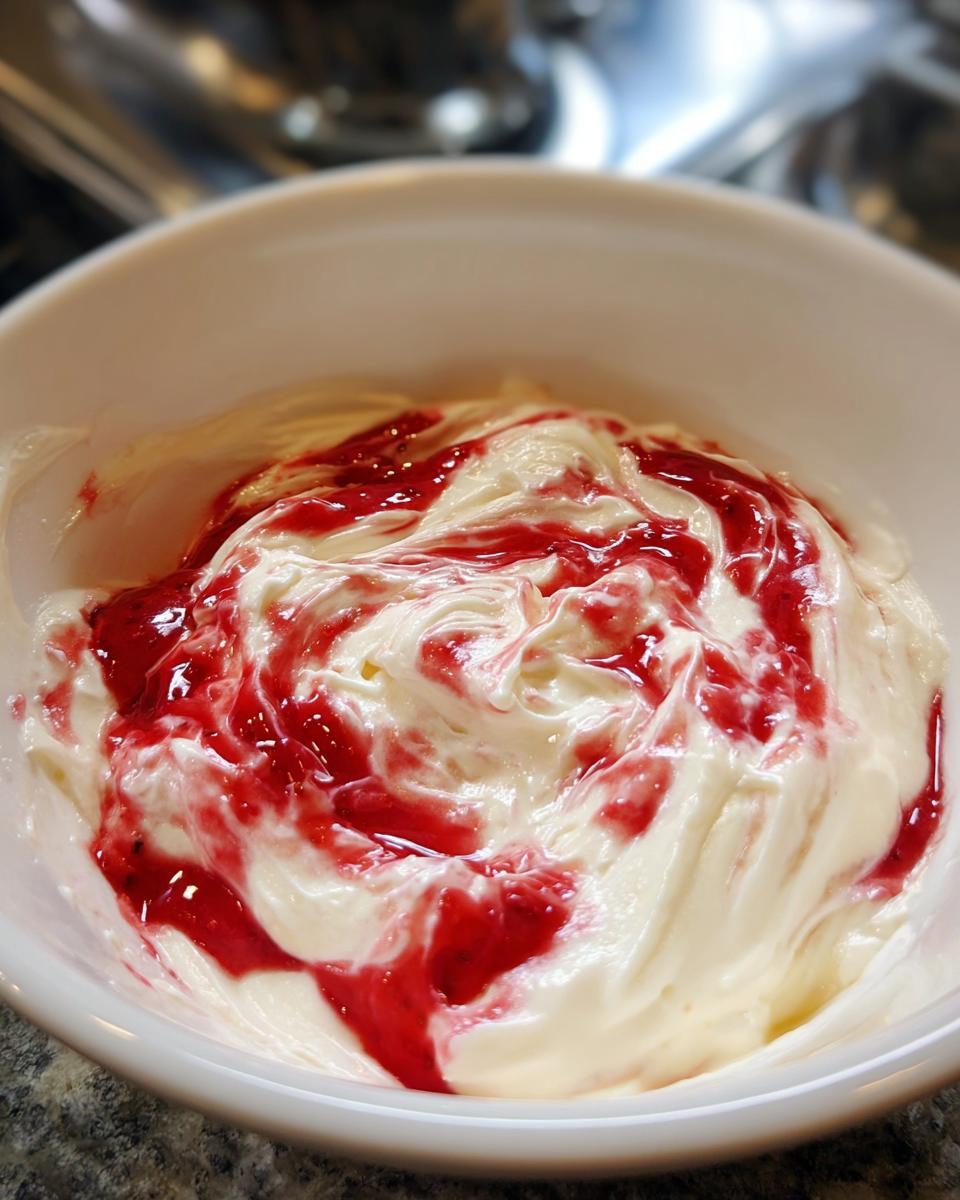Close-up of creamy white strawberry cheesecake dip being swirled with bright red strawberry sauce in a white bowl.