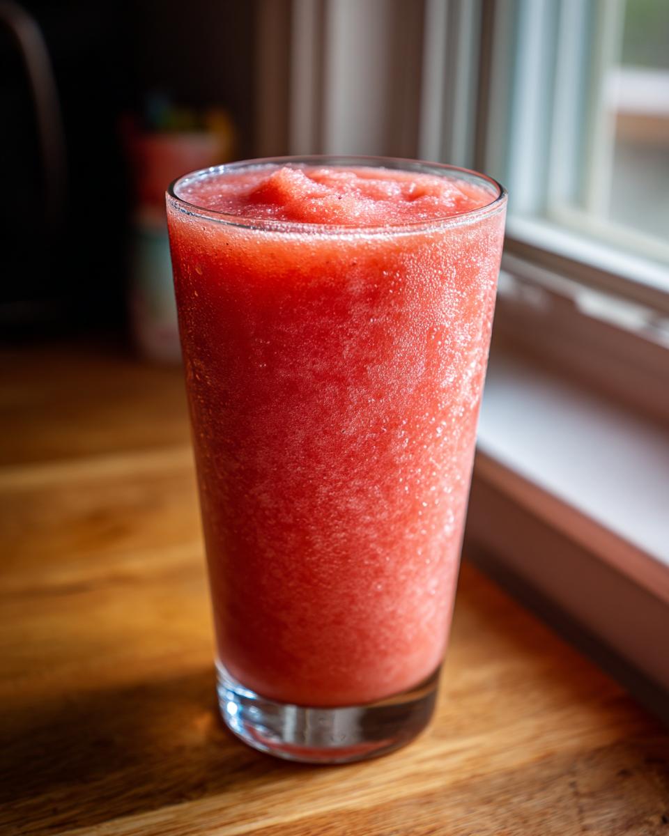 A tall glass filled with a vibrant, icy watermelon smoothie sitting on a wooden surface near a window.