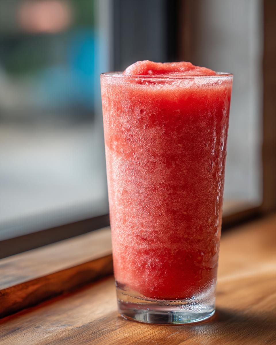 A tall glass filled with a vibrant, icy watermelon smoothie resting on a wooden surface.