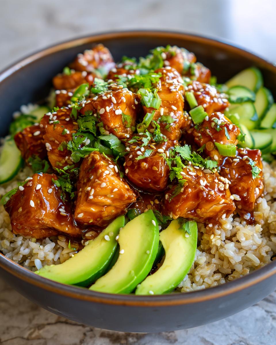 Close-up of a delicious teriyaki salmon bowls featuring glazed salmon chunks over brown rice, topped with avocado slices.
