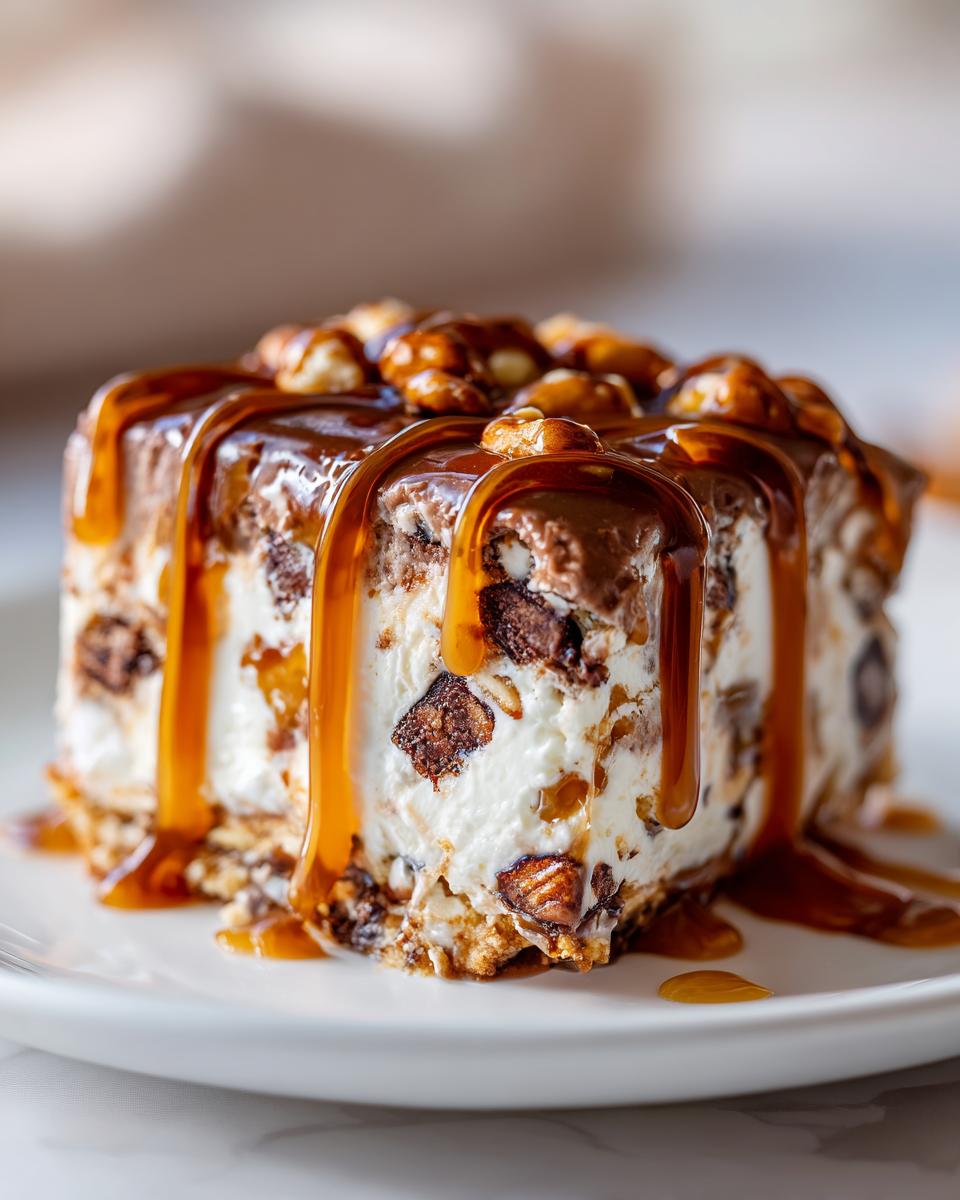 Close-up of a rich slice of texas trash pie, loaded with mix-ins and dripping with thick caramel sauce and pecans.
