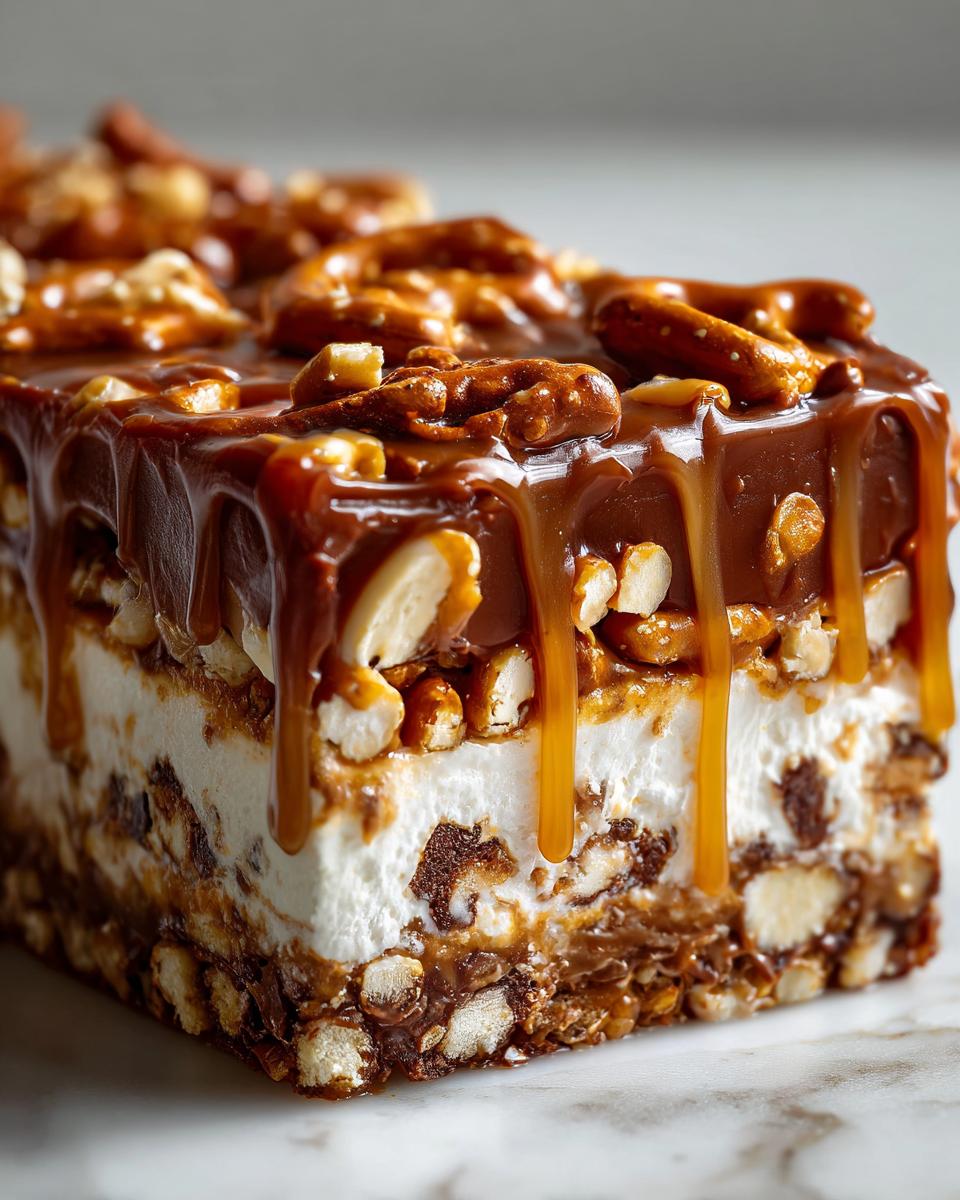 Close-up of a layered slice of texas trash pie featuring a crunchy base, creamy filling, chocolate, and caramel dripping over pretzels and nuts.