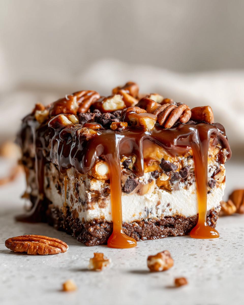 Close-up of a rich slice of texas trash pie featuring a thick crust, creamy filling, chocolate chips, pecans, and dripping caramel sauce.