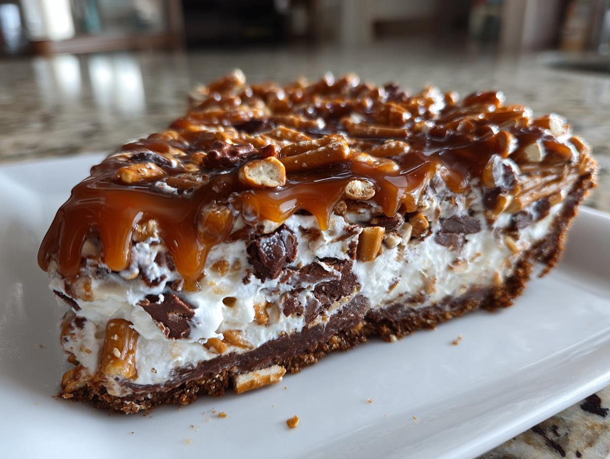 A decadent slice of texas trash pie showing a thick crust, creamy filling with chocolate chunks and pretzels, topped with caramel and pecans.