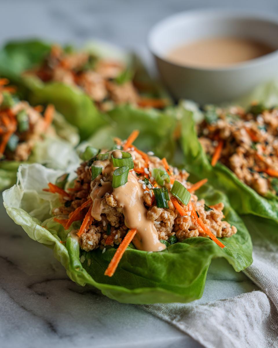 Close-up of delicious thai chicken lettuce wraps topped with shredded carrots, green onions, and a creamy sauce.
