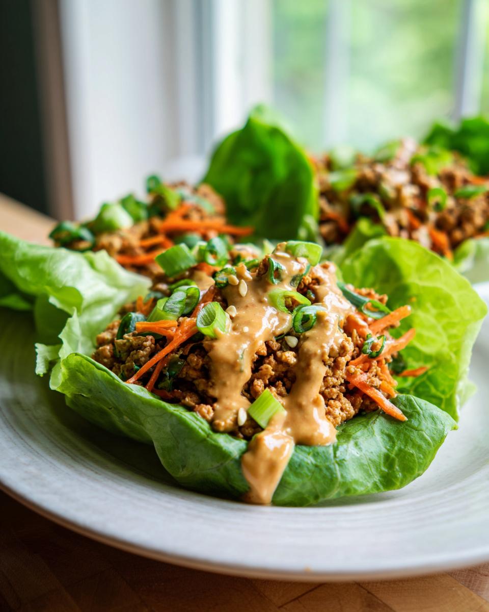 Close-up of fresh Thai chicken lettuce wraps topped with shredded carrots, green onions, and a creamy peanut sauce.