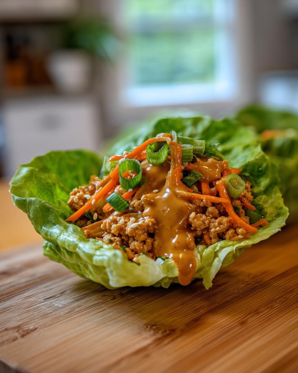 Close-up of a single serving of thai chicken lettuce wraps topped with shredded carrots and peanut sauce.