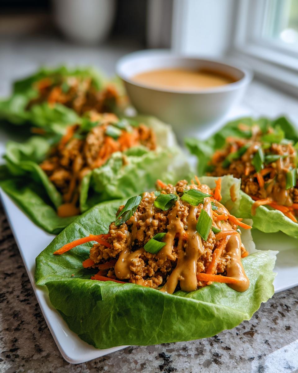 Four servings of delicious thai chicken lettuce wraps filled with ground meat, shredded carrots, and drizzled with peanut sauce.